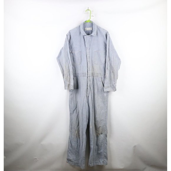 Vintage 70s Streetwear Mens 44R Thrashed Herringbone Denim Coveralls Blue USA